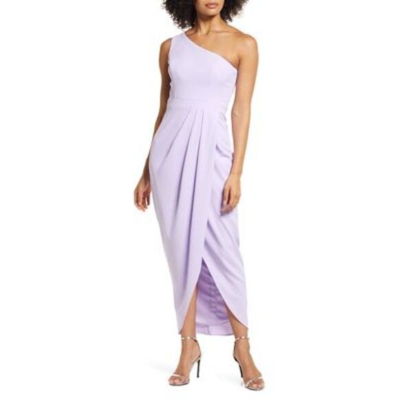 Xscape Dress Gown 12 Midi One Shoulder Wrap Event Scuba‎ Crepe Lilac Lavender - Picture 1 of 9